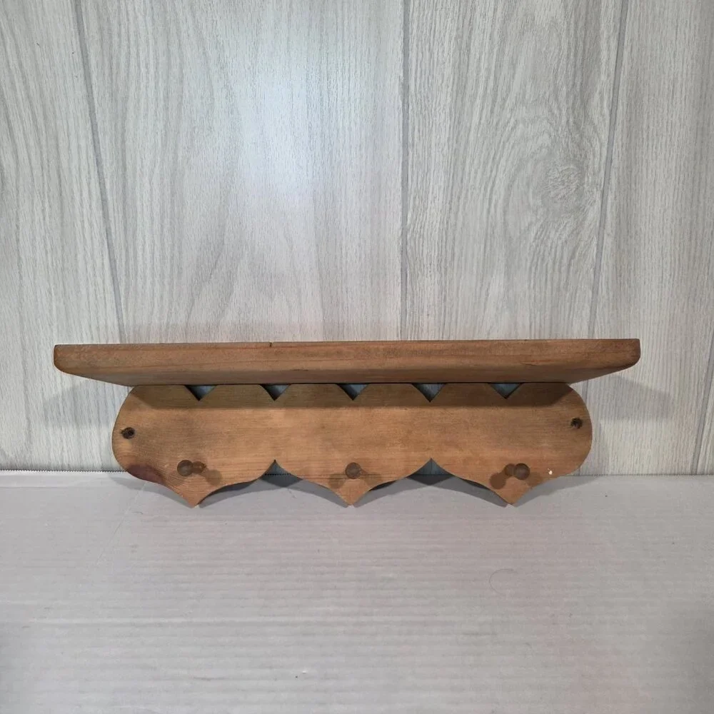 VTG Wooden Wall Hanging Heart Cutout Shelf With 3 Hearts And 3 Pegs Cottagecore